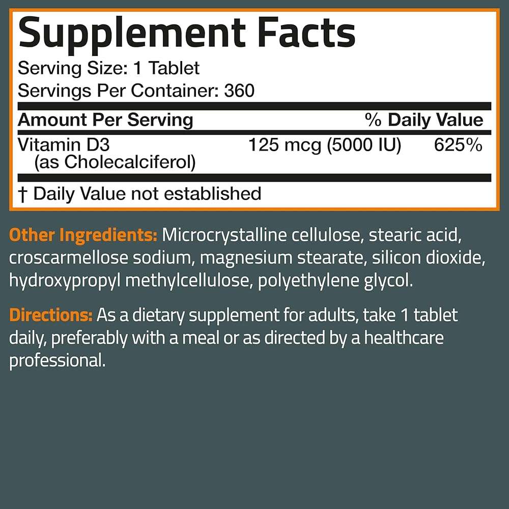 Bronson Vitamin D3 5000iu (125mcg) Healthy Muscle Function and Immune Support, Non-GMO, 360 Tablets - Image 8