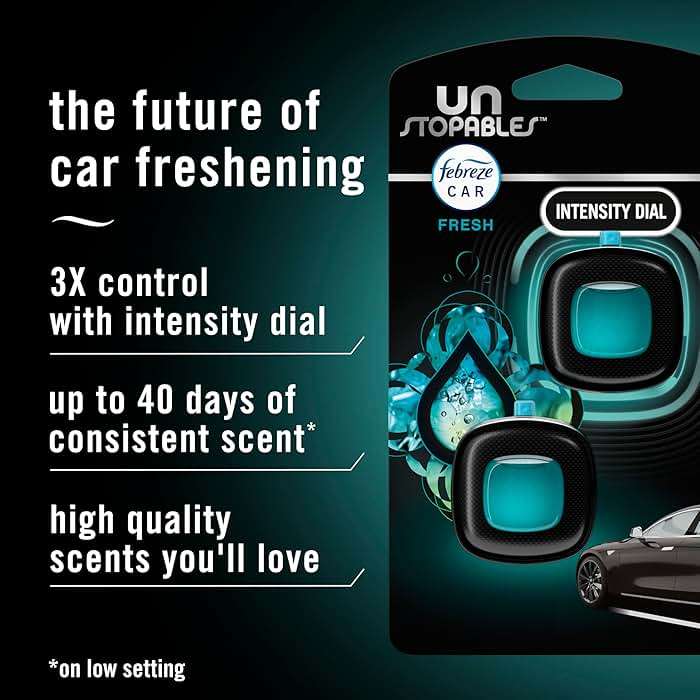 Febreze Car Air Freshener, Odor-Fighting Automotive Vent Clip, Scented Car Accessories, Long Lasting for Strong Odors, Unstopables Fresh Scent, .07 fl oz, 4 Count - Image 2