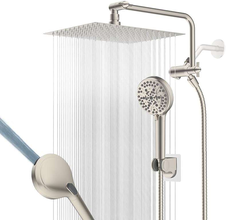 12" All Metal Shower Head, High Pressure 10-Spray Handheld Showerhead Rainfall Shower Head Combo with 11" Adjustable Shower Extension Arm, 71" Hose, Shower Head Holder, Brushed Nickel - Image 1