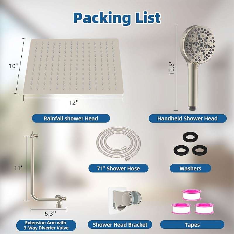 12" All Metal Shower Head, High Pressure 10-Spray Handheld Showerhead Rainfall Shower Head Combo with 11" Adjustable Shower Extension Arm, 71" Hose, Shower Head Holder, Brushed Nickel - Image 2
