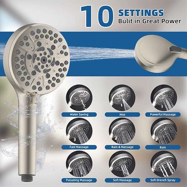 12" All Metal Shower Head, High Pressure 10-Spray Handheld Showerhead Rainfall Shower Head Combo with 11" Adjustable Shower Extension Arm, 71" Hose, Shower Head Holder, Brushed Nickel - Image 3