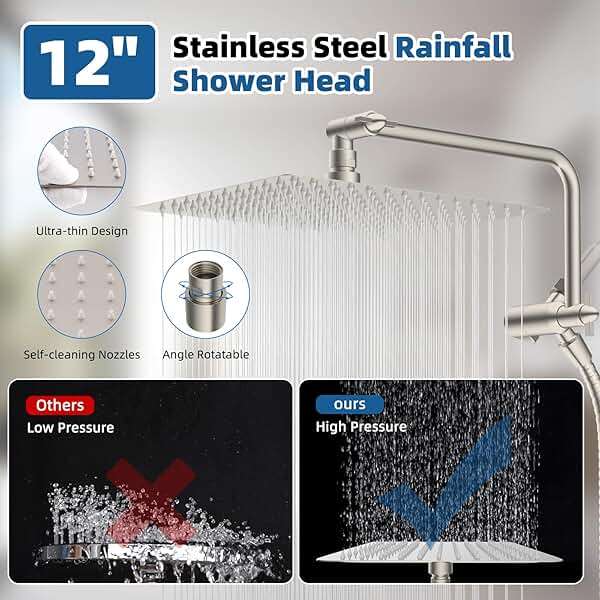 12" All Metal Shower Head, High Pressure 10-Spray Handheld Showerhead Rainfall Shower Head Combo with 11" Adjustable Shower Extension Arm, 71" Hose, Shower Head Holder, Brushed Nickel - Image 4