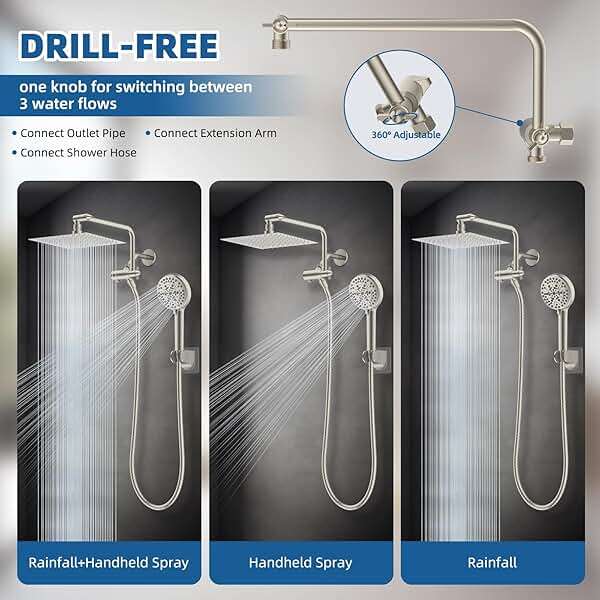 12" All Metal Shower Head, High Pressure 10-Spray Handheld Showerhead Rainfall Shower Head Combo with 11" Adjustable Shower Extension Arm, 71" Hose, Shower Head Holder, Brushed Nickel - Image 6