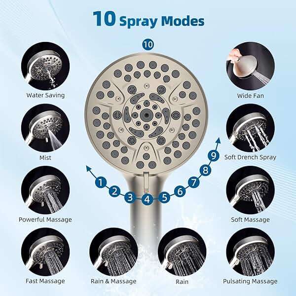 Hibbent All Metal cUPC Certified Shower Head, 10'' High Pressure Rain Shower Head, Handheld Showerhead Combo with 16'' Adjustable Extension Arm, 10 Sprays, 71'' Hose, Showerhead Holder, Brushed Nickel - Image 5