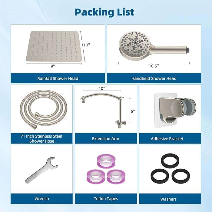 Hibbent All Metal cUPC Certified Shower Head, 10'' High Pressure Rain Shower Head, Handheld Showerhead Combo with 16'' Adjustable Extension Arm, 10 Sprays, 71'' Hose, Showerhead Holder, Brushed Nickel - Image 8