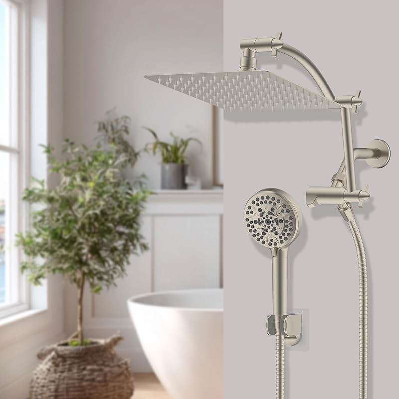 Hibbent All Metal cUPC Certified Shower Head, 10'' High Pressure Rain Shower Head, Handheld Showerhead Combo with 16'' Adjustable Extension Arm, 10 Sprays, 71'' Hose, Showerhead Holder, Brushed Nickel - Image 9