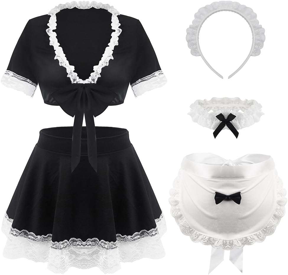 paloli Maid Outfit For Women, Maid Costume With Lace Apron, Fancy Halloween Dress Cosplay Lingerie Set - Image 3