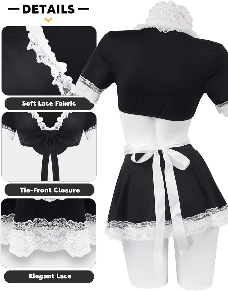 paloli Maid Outfit For Women, Maid Costume With Lace Apron, Fancy Halloween Dress Cosplay Lingerie Set - Image 5