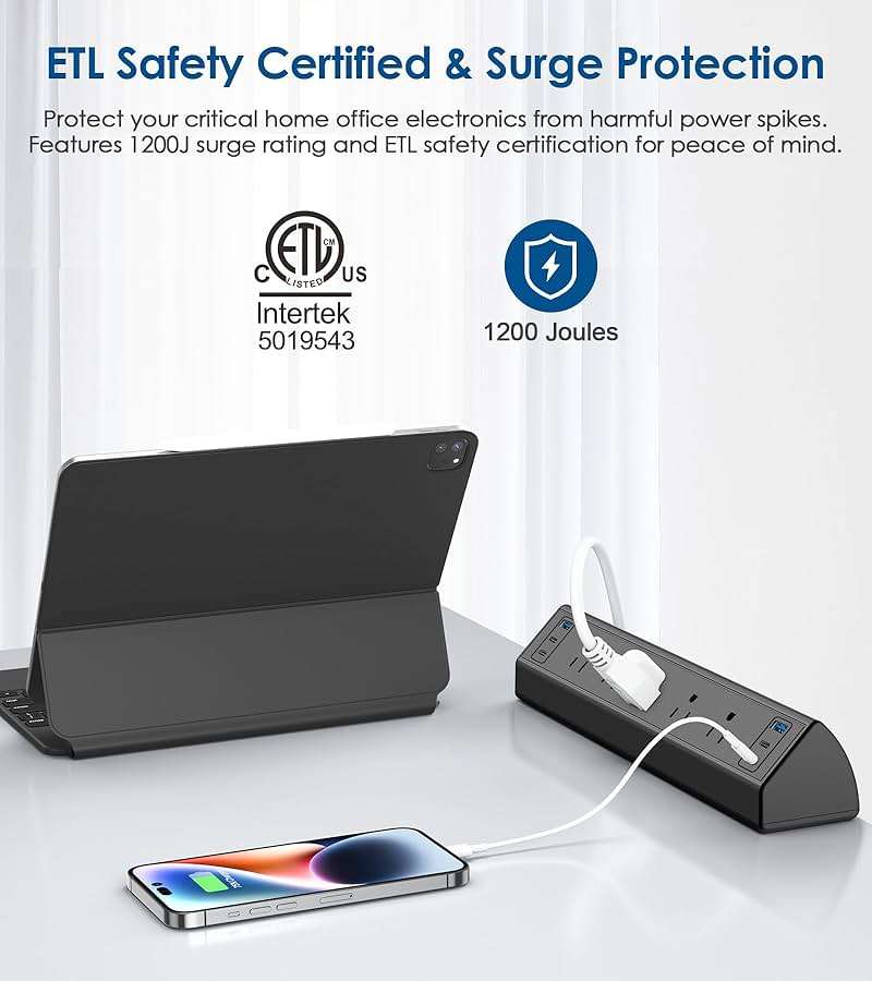 Jgstkcity Desk Clamp Power Strip USB C,40W Total Fast Charging Station,4 PD 20W USB C Ports,Desk Edge Mount Surge Protector,5 Outlets,Fit 1.96" Tabletop Edge,ETL Listed - Image 3
