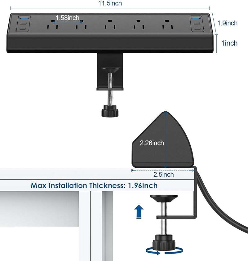 Jgstkcity Desk Clamp Power Strip USB C,40W Total Fast Charging Station,4 PD 20W USB C Ports,Desk Edge Mount Surge Protector,5 Outlets,Fit 1.96" Tabletop Edge,ETL Listed - Image 7