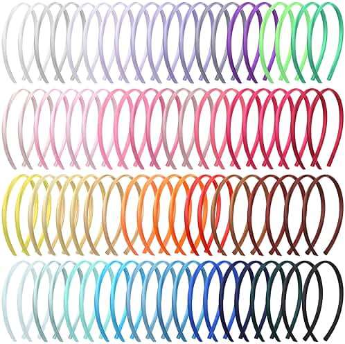 XunYee 100 Pieces Thin Satin Headbands for Women Girls 0.4 Inch DIY Satin Covered Headbands Bulk Colorful Ribbon Head Bands Plain Hairbands Narrow Hair Band(Multi Colors) - Image 1