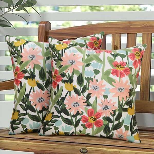 Pyonic Outdoor Pillows Covers Pack of 2 Spring Summer Floral Waterproof Throw Pillow Covers 18X18 inch Outdoor Pillows for Patio Furniture Garden Square Outside Waterproof Pillow - Image 1