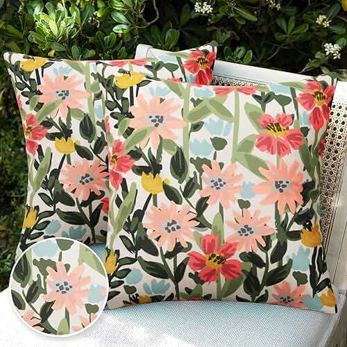 Pyonic Outdoor Pillows Covers Pack of 2 Spring Summer Floral Waterproof Throw Pillow Covers 18X18 inch Outdoor Pillows for Patio Furniture Garden Square Outside Waterproof Pillow - Image 3