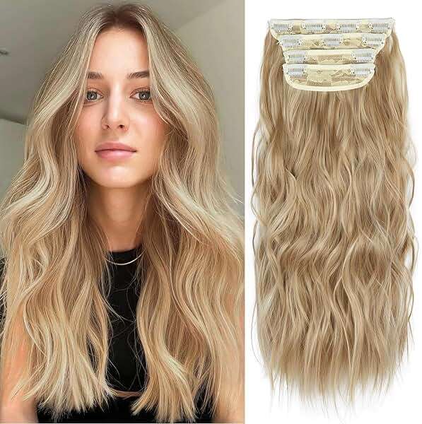 20 Inches Blonde Hair Extensions Clip ins, 4Pcs Curly Synthetic Clip in Hair Extensions (Color: Dark Blonde with Bleach Blonde Highlights) - Image 1