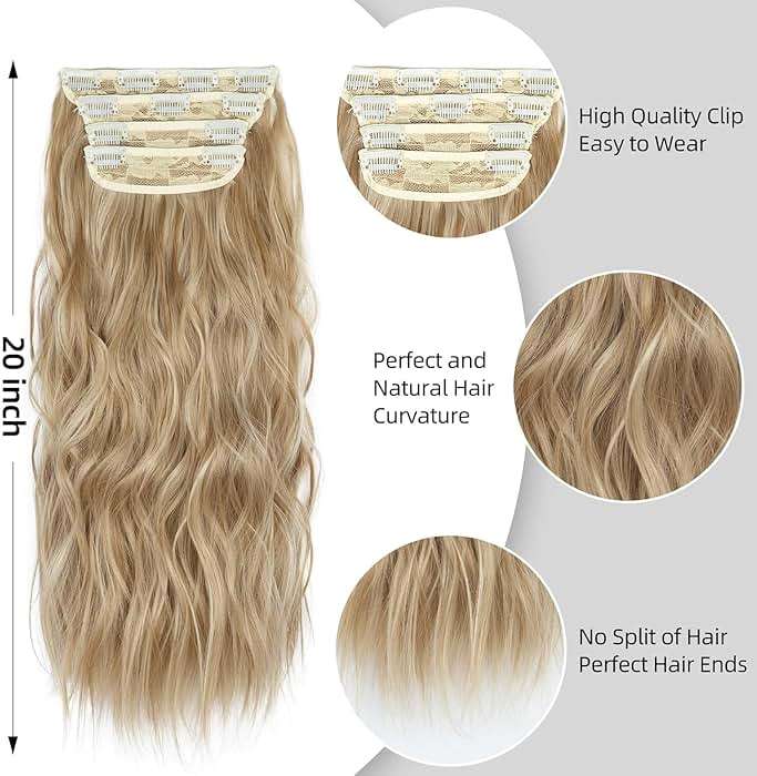 20 Inches Blonde Hair Extensions Clip ins, 4Pcs Curly Synthetic Clip in Hair Extensions (Color: Dark Blonde with Bleach Blonde Highlights) - Image 4