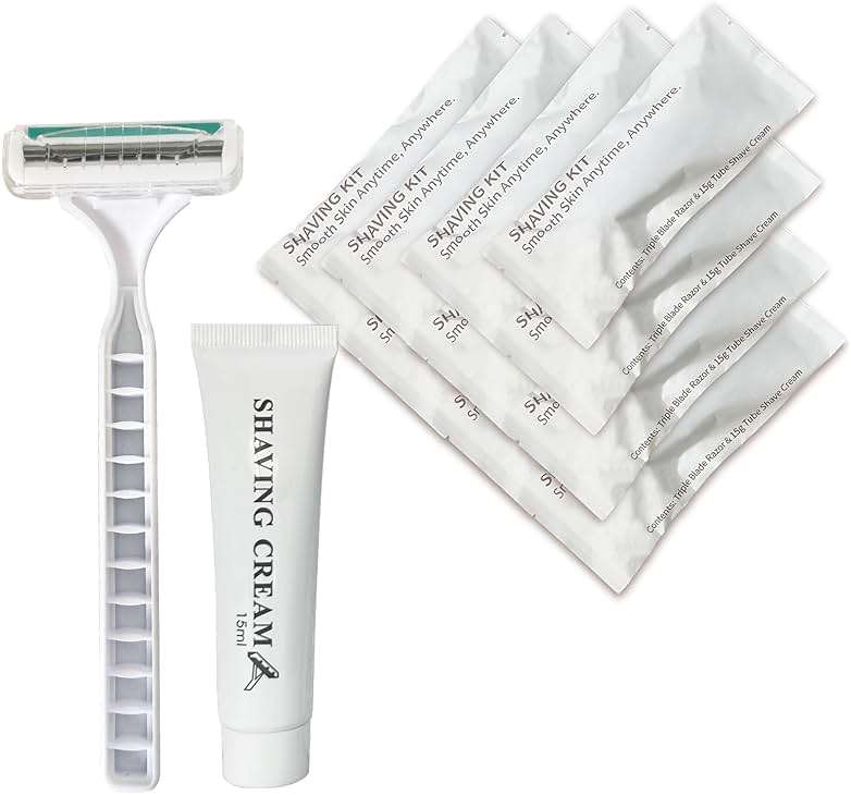 50 Pack Shave kit in Bulk 3 Blades Shave Disposable Razor with Protective Cap 12g Cream Individually Wrapped Paper Box for Hotel,Airbnb, Homeless,Shelter Camping Travel On The Go - Image 1