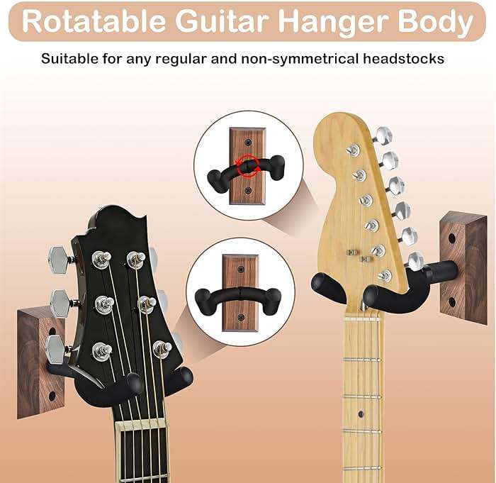 DOMMI Guitar Wall Mount 4 Pack, Guitar Holder with Rotatable Soft Guitar Hook for All Size Guitars, Hardwood U-Shaped Guitar Hanger Wall Mount for Acoustic, Electric Guitar, Bass, Black Walnut - Image 4