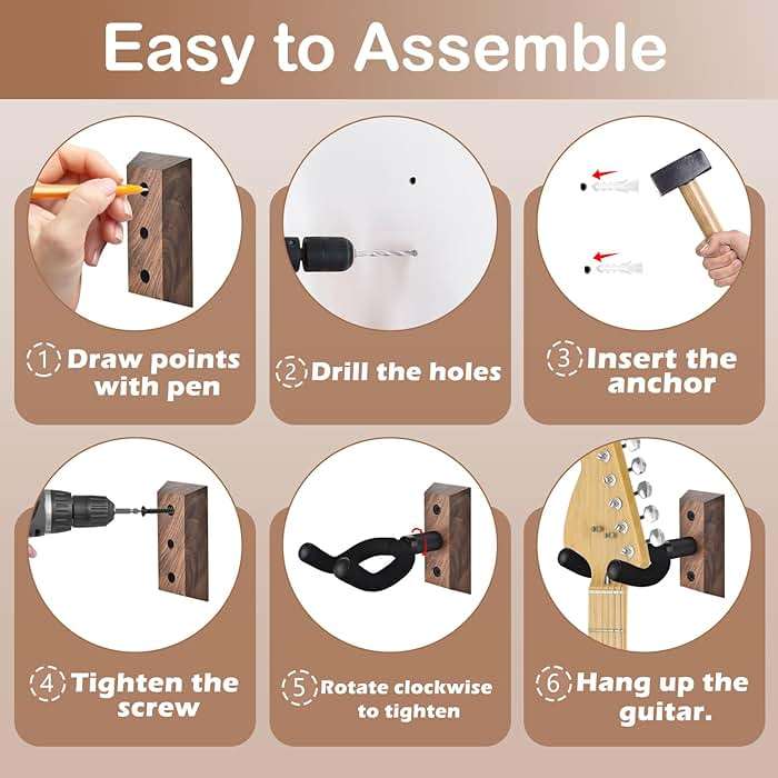 DOMMI Guitar Wall Mount 4 Pack, Guitar Holder with Rotatable Soft Guitar Hook for All Size Guitars, Hardwood U-Shaped Guitar Hanger Wall Mount for Acoustic, Electric Guitar, Bass, Black Walnut - Image 7