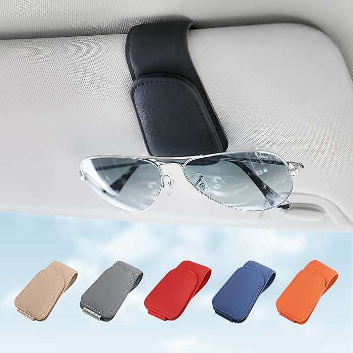 KanSmart Sunglass Holder for Car Sun Visor, Magnetic Sunglasses Clip, Leather Glasses Eyeglass Holder and Ticket Card Clip, Auto Interior Accessories Universal for Car SUV Truck Pickup -Black - Image 1