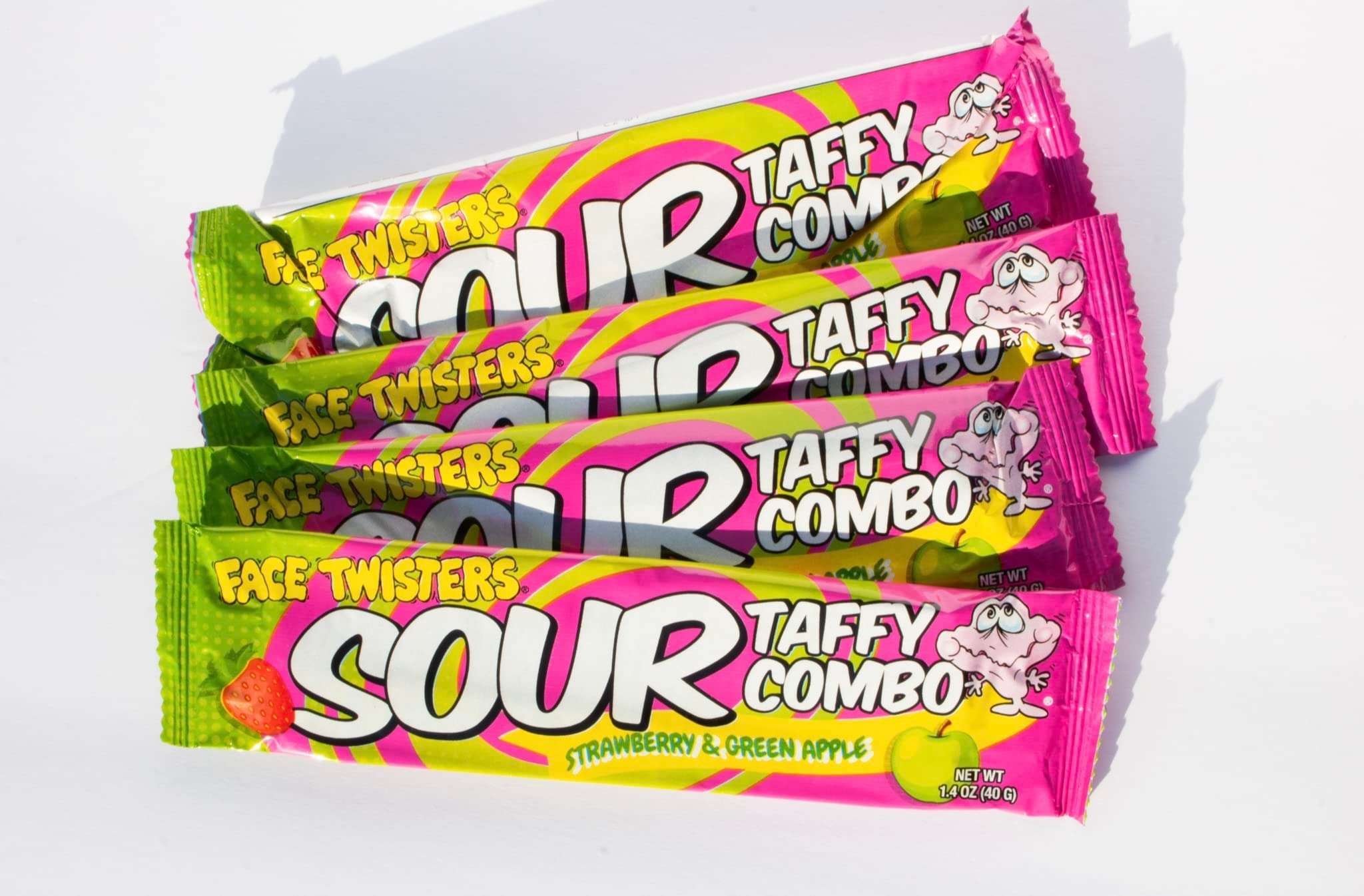 Face Twisters Sour Taffy Combo Strawberry and Green Apple | 4 Pack Large Sour Taffy Bars - Image 1