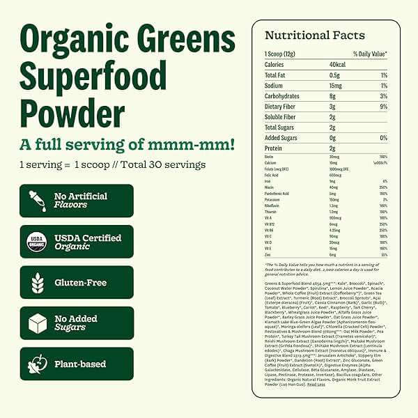 Suja Organic Greens Powder Probiotic Blend, Spirulina, Daily Superfood Drink or Smoothie Mix for Immune Support, Digestion, & Energy, Vegan, Gluten Free, Non GMO, 30 Servings - Image 6