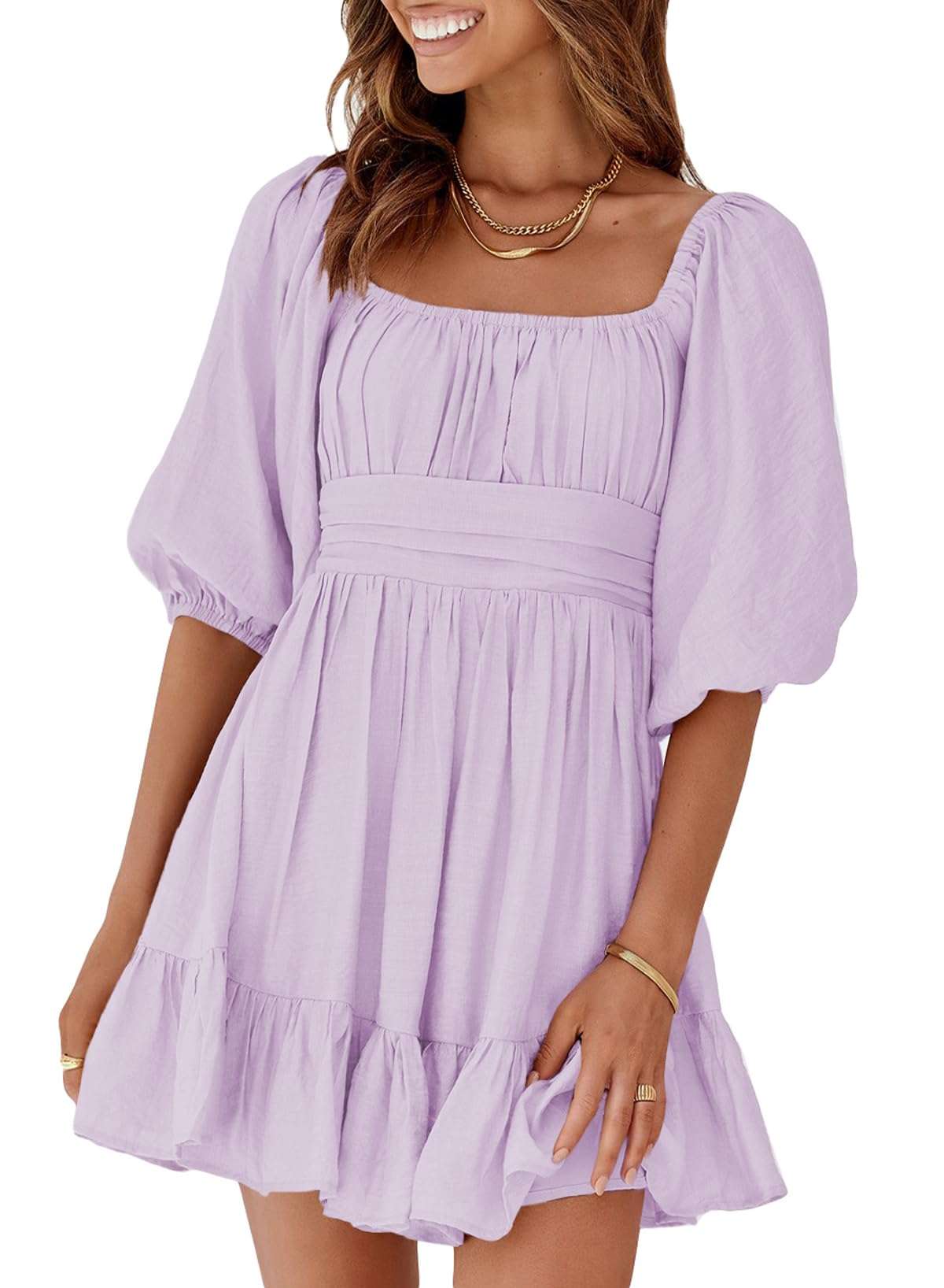 Dokotoo Womens Summer Dresses Square Neck Tie Back Lantern Sleeve Ruffle A-Line Casual Dress - Image 1