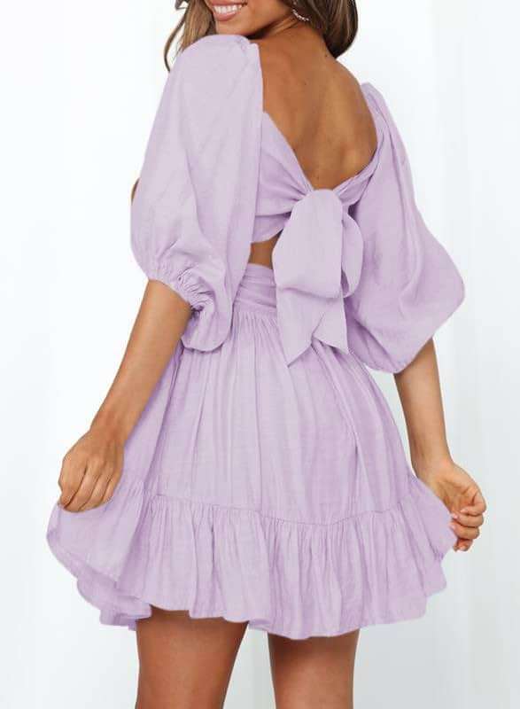 Dokotoo Womens Summer Dresses Square Neck Tie Back Lantern Sleeve Ruffle A-Line Casual Dress - Image 2