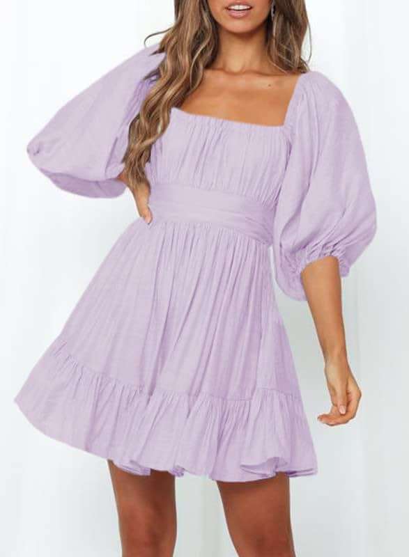 Dokotoo Womens Summer Dresses Square Neck Tie Back Lantern Sleeve Ruffle A-Line Casual Dress - Image 3
