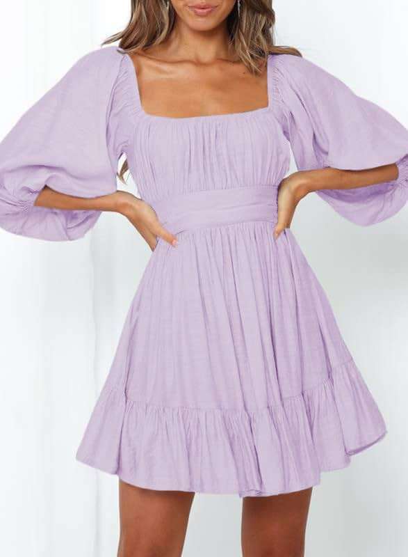 Dokotoo Womens Summer Dresses Square Neck Tie Back Lantern Sleeve Ruffle A-Line Casual Dress - Image 4