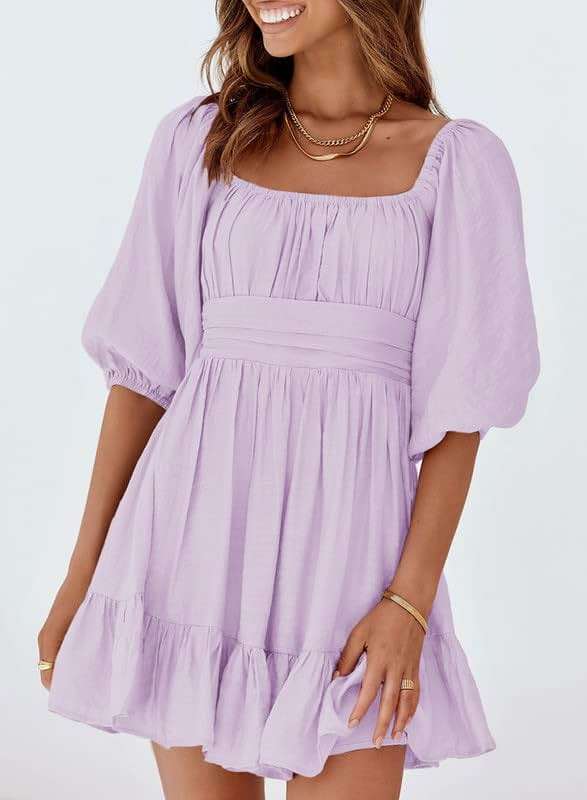 Dokotoo Womens Summer Dresses Square Neck Tie Back Lantern Sleeve Ruffle A-Line Casual Dress - Image 5