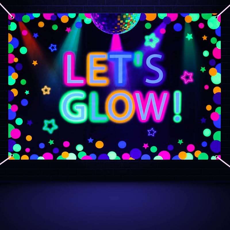 6x4ft Neon Let's Glow Party Backdrop Colorful Photography Background Glow in The Dark Party Supplies, Neon Decorations for Kids Birthday Supplies (71 x 47 Inch) - Image 1