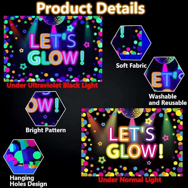 6x4ft Neon Let's Glow Party Backdrop Colorful Photography Background Glow in The Dark Party Supplies, Neon Decorations for Kids Birthday Supplies (71 x 47 Inch) - Image 3