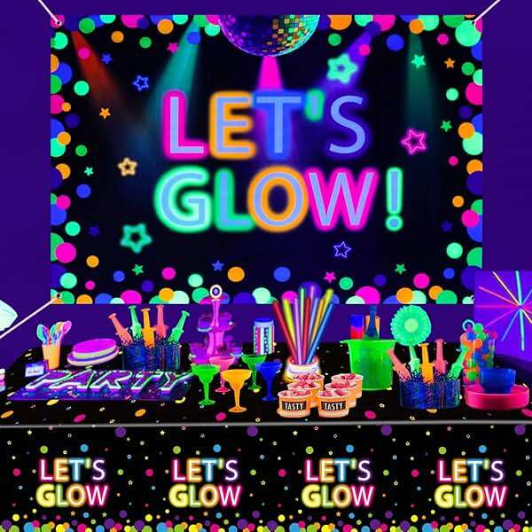 6x4ft Neon Let's Glow Party Backdrop Colorful Photography Background Glow in The Dark Party Supplies, Neon Decorations for Kids Birthday Supplies (71 x 47 Inch) - Image 8