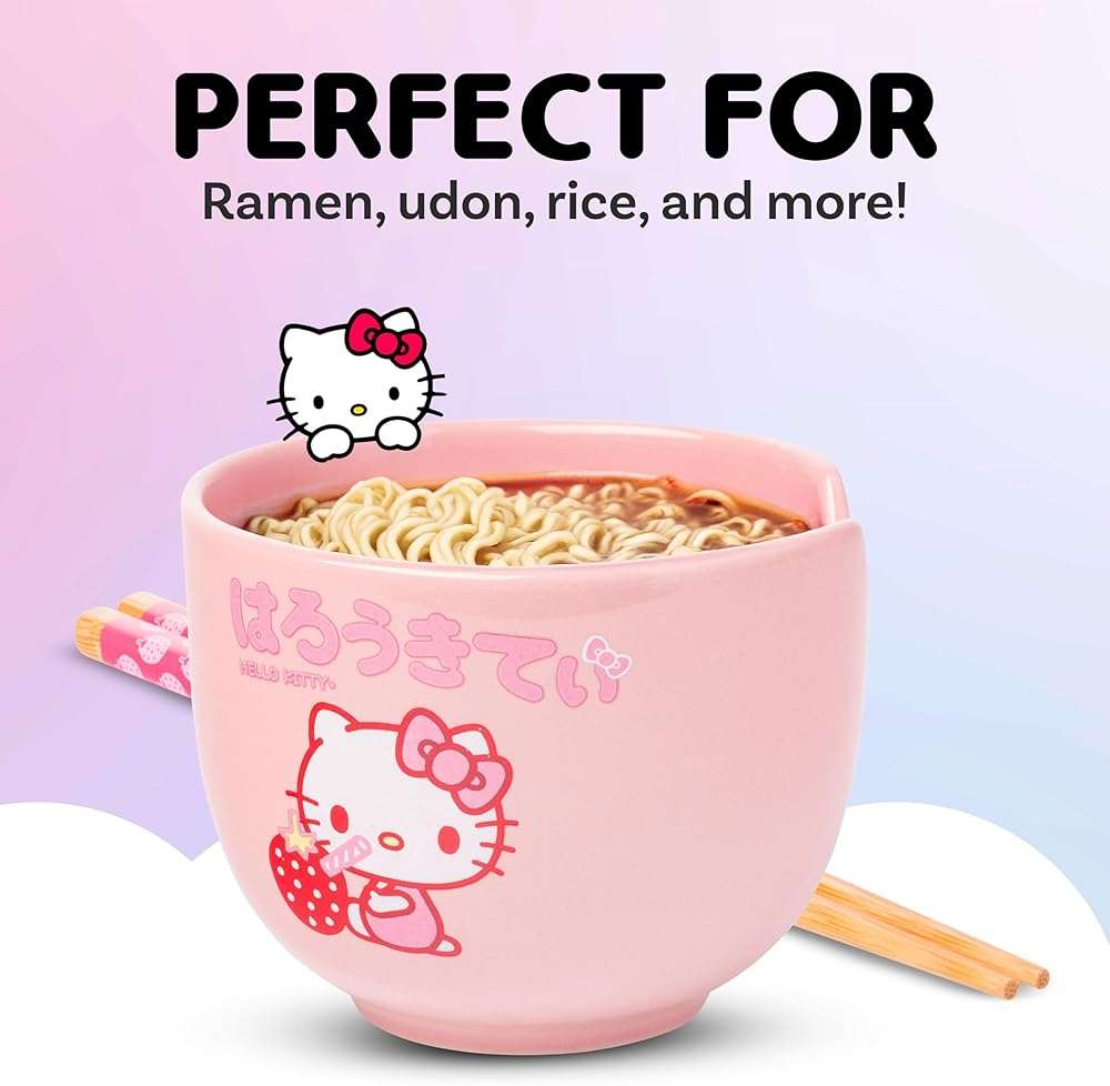 Silver Buffalo Sanrio Hello Kitty Strawberry Milk Japanese Character Ceramic Ramen Noodle Rice Bowl with Chopsticks, Microwave Safe, Pink, 20 Ounces - Image 5