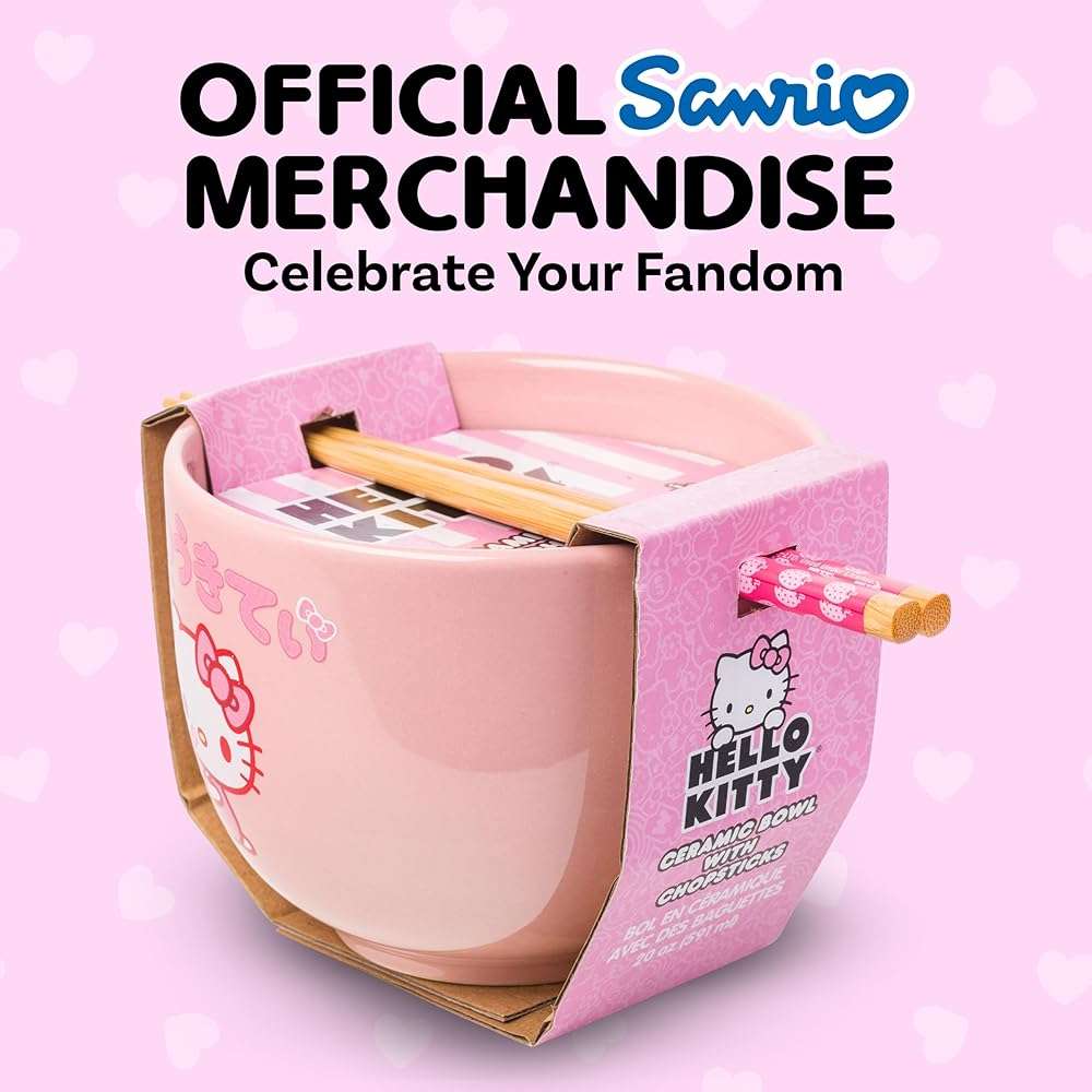 Silver Buffalo Sanrio Hello Kitty Strawberry Milk Japanese Character Ceramic Ramen Noodle Rice Bowl with Chopsticks, Microwave Safe, Pink, 20 Ounces - Image 6