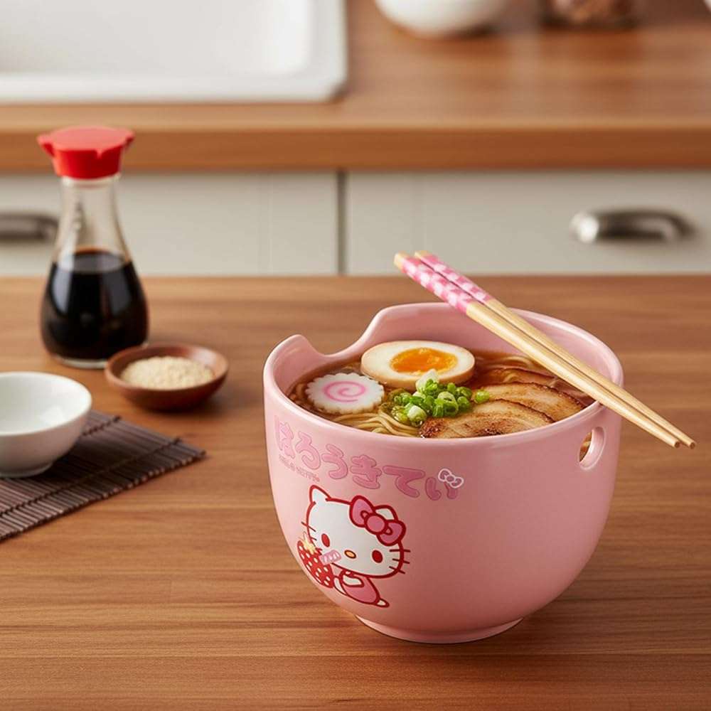 Silver Buffalo Sanrio Hello Kitty Strawberry Milk Japanese Character Ceramic Ramen Noodle Rice Bowl with Chopsticks, Microwave Safe, Pink, 20 Ounces - Image 9
