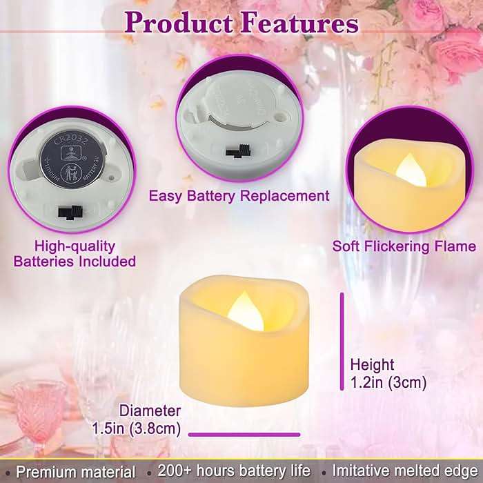 Yakpo 36 Pack 1.5" x 1.2" Tea Light Candles Battery Operated, Flameless Flickering LED Tealight Fake Votive Candles, Outdoor Flicker Electric tealights Bulk for Wedding Halloween Christmas Decorations - Image 4