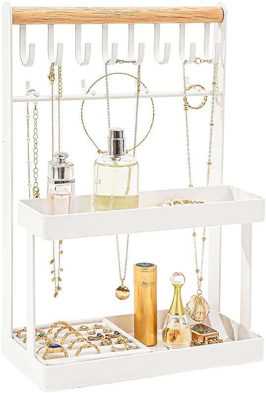 Lolalet 4-Tier Jewelry Organizer Stand with 12 Hooks, Necklace Bracelet Ring & Sunglasses Holder, Cute Metal Jewelry Storage Rack for Vanity, Dresser or Entryway, No Assembly -White - Image 1
