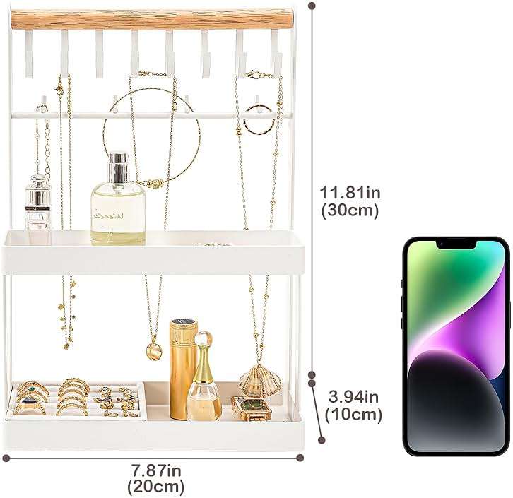 Lolalet 4-Tier Jewelry Organizer Stand with 12 Hooks, Necklace Bracelet Ring & Sunglasses Holder, Cute Metal Jewelry Storage Rack for Vanity, Dresser or Entryway, No Assembly -White - Image 3