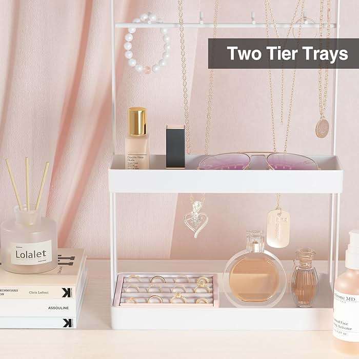 Lolalet 4-Tier Jewelry Organizer Stand with 12 Hooks, Necklace Bracelet Ring & Sunglasses Holder, Cute Metal Jewelry Storage Rack for Vanity, Dresser or Entryway, No Assembly -White - Image 7