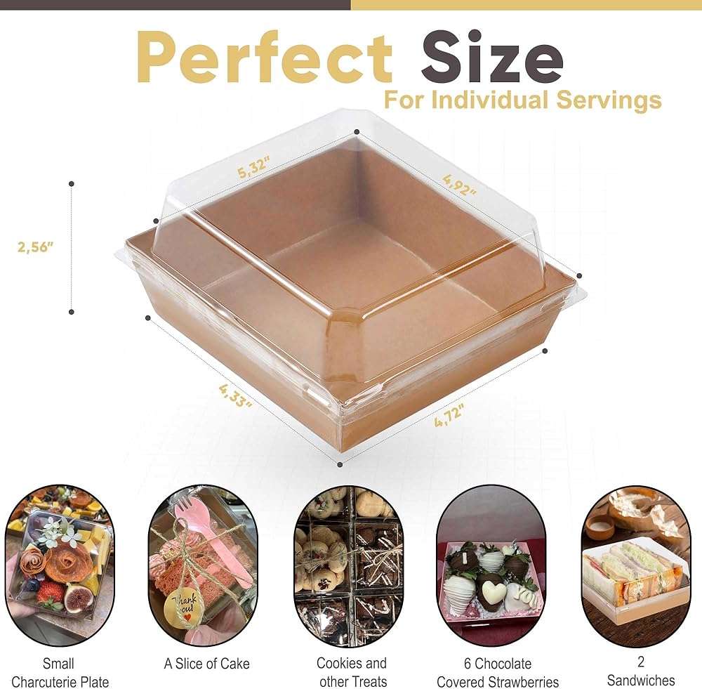 Leafiew 50 Pack Small Charcuterie Boxes with Clear Lids - To Go Paper Mini Charcuterie Box, Disposable Food Containers, 5Inch Dessert Boxes - Sandwich, Cookie, Sushi, Cake Slice, Strawberries (Brown) - Image 3