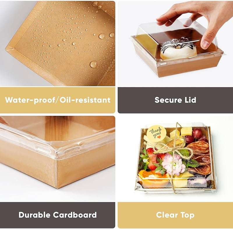 Leafiew 50 Pack Small Charcuterie Boxes with Clear Lids - To Go Paper Mini Charcuterie Box, Disposable Food Containers, 5Inch Dessert Boxes - Sandwich, Cookie, Sushi, Cake Slice, Strawberries (Brown) - Image 5