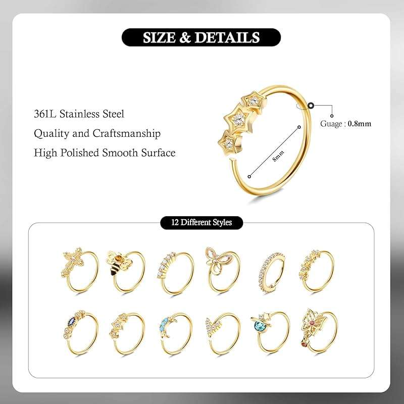 Dochais 12PCS Nose Rings Hoop 20G Nose Rings for Women Surgical Stainless Steel Nose Piercing Dangle Nose Ring Cartilage Earring Jewelry - Image 2