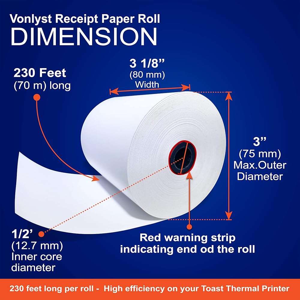 Vonlyst Thermal Printer Paper Roll for Toast TP200 Receipt Printer Point of Sale (12 rolls) - Image 3
