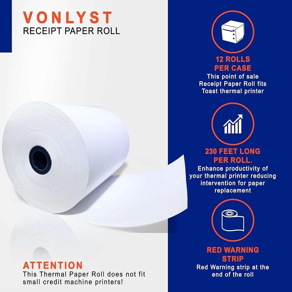 Vonlyst Thermal Printer Paper Roll for Toast TP200 Receipt Printer Point of Sale (12 rolls) - Image 5