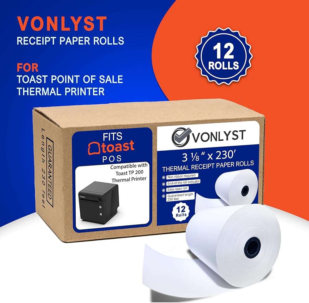 Vonlyst Thermal Printer Paper Roll for Toast TP200 Receipt Printer Point of Sale (12 rolls) - Image 6
