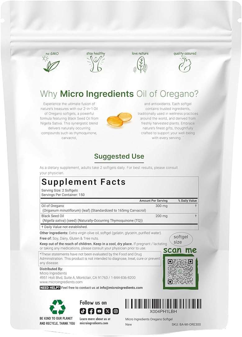Micro Ingredients Oil of Oregano Softgels, 300 Count | 2 in 1 Formulated with Black Seed Oil | 4X Strength Carvacrol & Thymoquinone | Plant Based, Non-GMO - Image 4