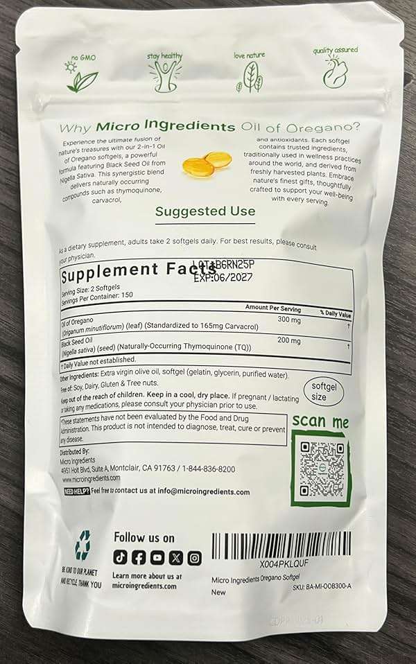Micro Ingredients Oil of Oregano Softgels, 300 Count | 2 in 1 Formulated with Black Seed Oil | 4X Strength Carvacrol & Thymoquinone | Plant Based, Non-GMO - Image 9