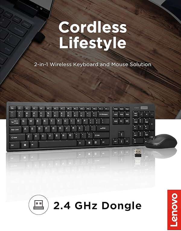 Lenovo 100 Wireless Keyboard and Mouse Combo – Cordless Set with Spill Resistant Quiet Keys – 3-Zone Keyboard - Ambidextrous Mouse – Compact Design – Wireless USB -Black - Image 2