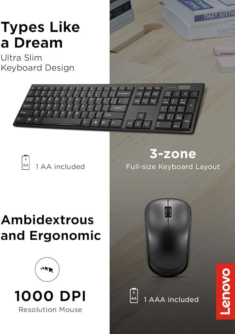 Lenovo 100 Wireless Keyboard and Mouse Combo – Cordless Set with Spill Resistant Quiet Keys – 3-Zone Keyboard - Ambidextrous Mouse – Compact Design – Wireless USB -Black - Image 3